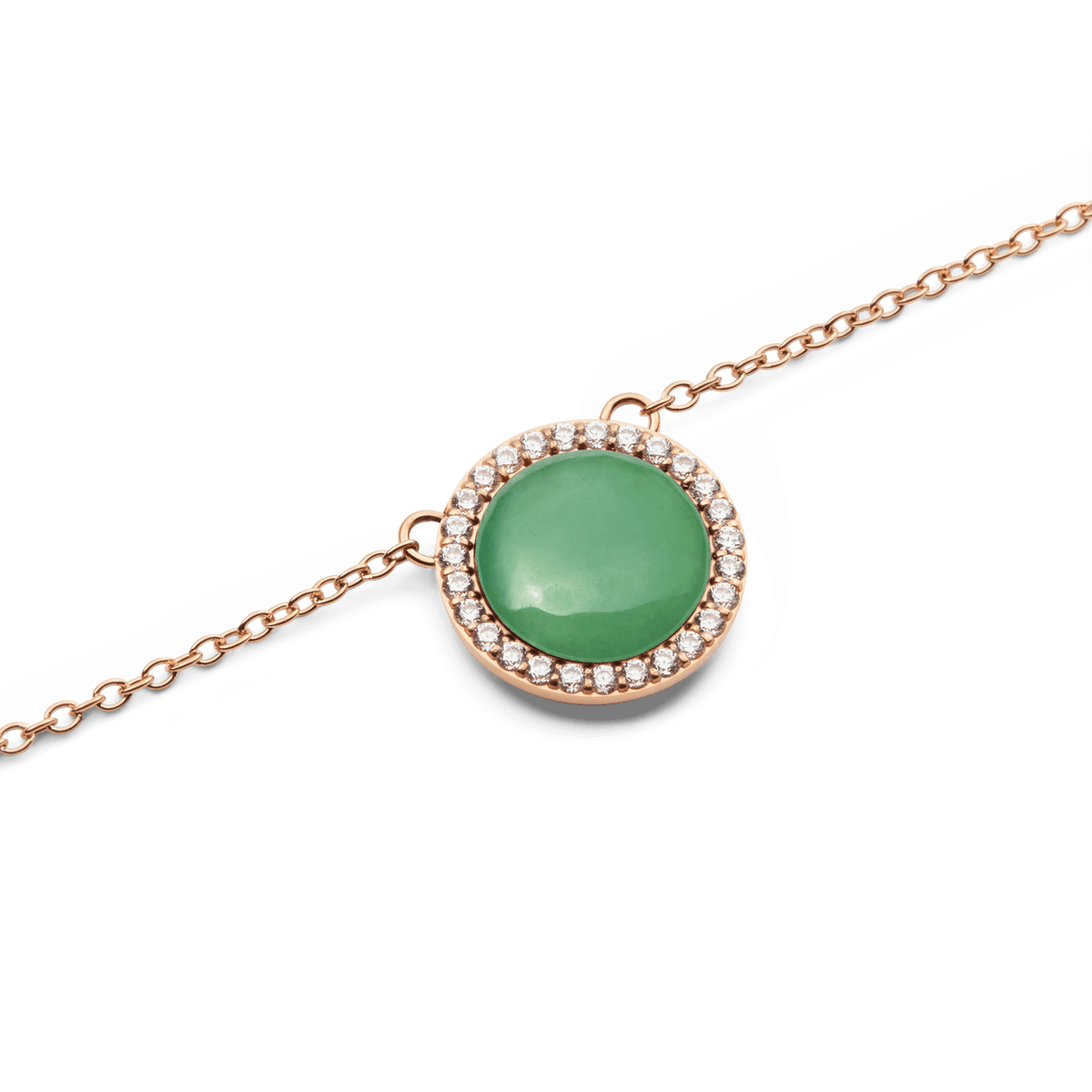 Close-up of Audrey Necklace Jade Rose Gold featuring a domed green jade charm with cubic zirconia on a rose gold chain.