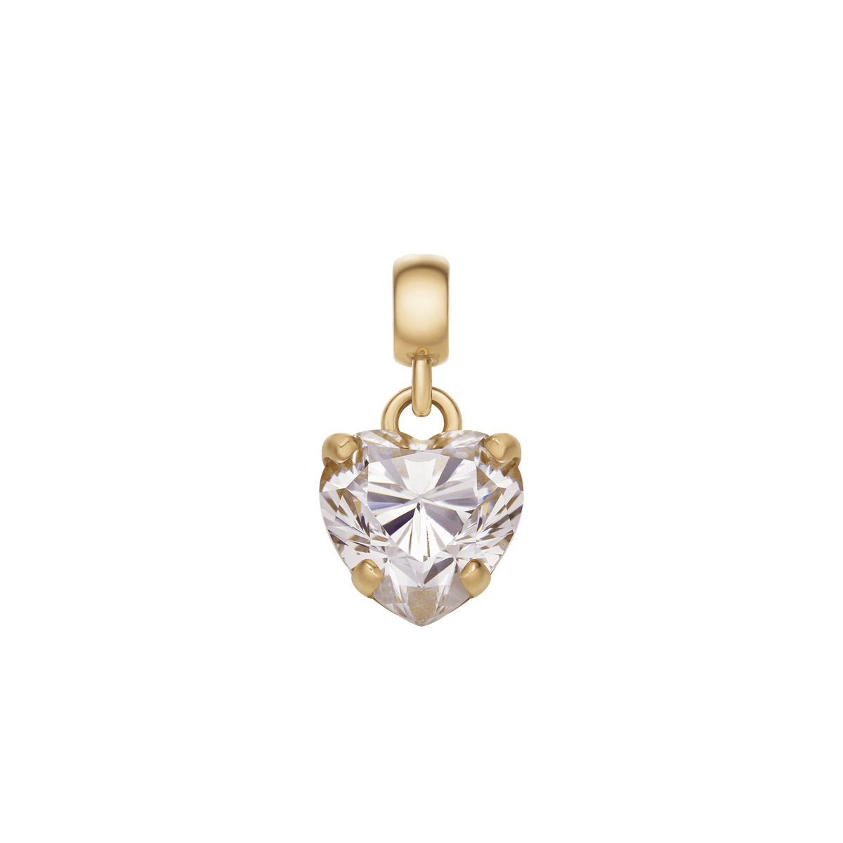 Heart-shaped white crystal charm set in gold-plated stainless steel with a secure claw setting and an adjustable clasp, designed for bracelets or necklaces. The sparkling cubic zirconia and gold finish create an elegant, timeless accessory.