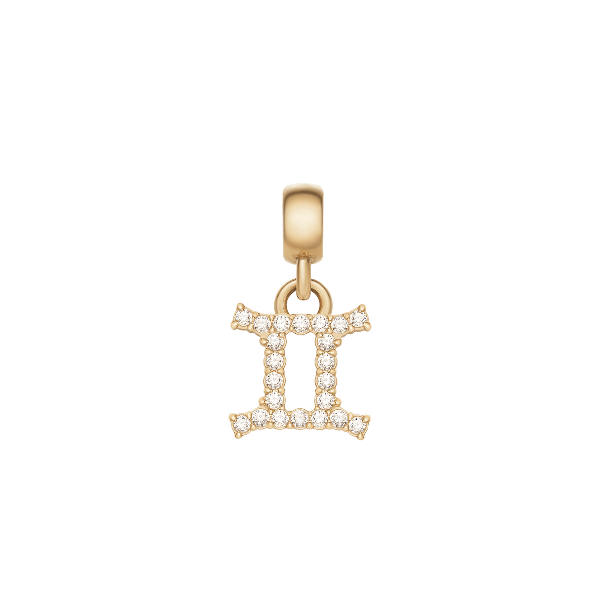 Gold Gemini zodiac charm featuring sparkling cubic zirconia crystals and a polished finish, designed for versatile jewellery styling.