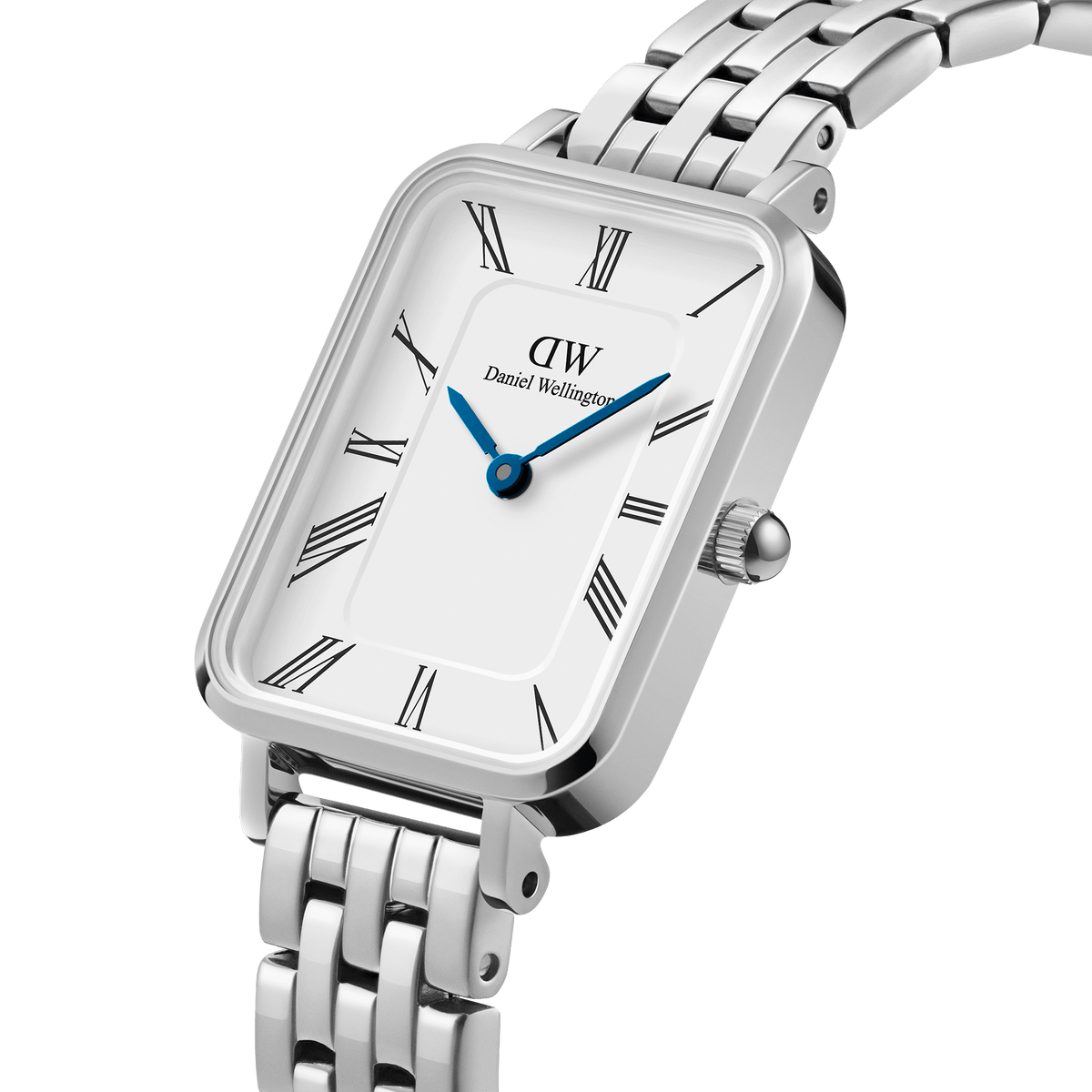 Quadro Roman Numerals 5-Link Silver watch with rectangular case, white dial, blue hands, and stainless steel bracelet.