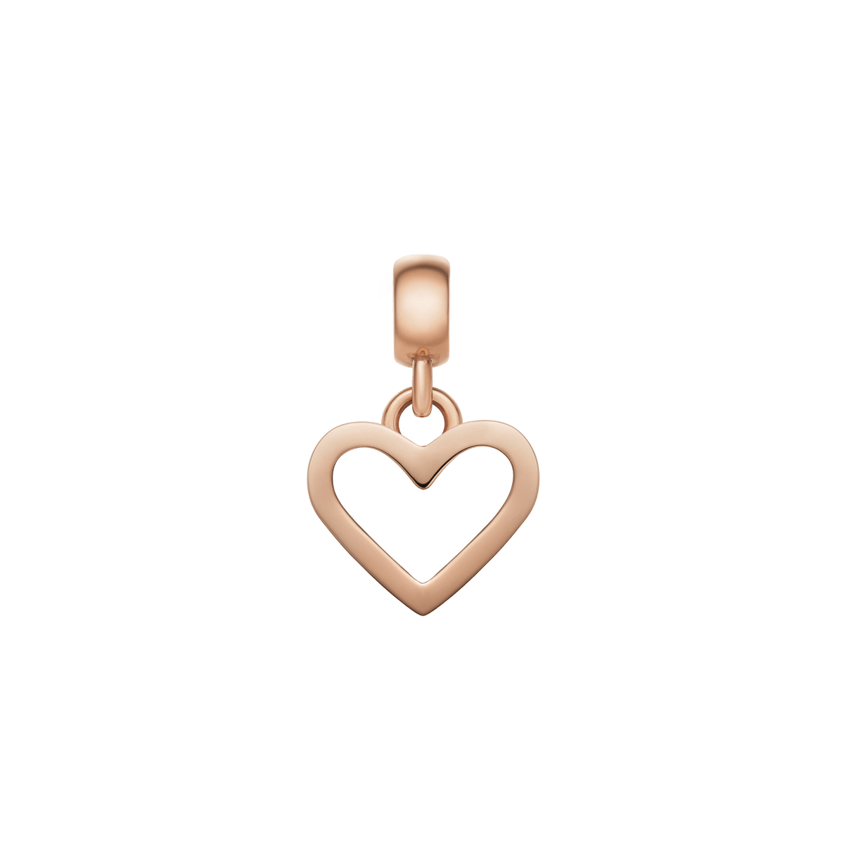 Rose gold heart contour charm with an open silhouette, featuring a smooth polished finish and a delicate dangle design, ideal for adding a touch of elegance to bracelets or necklaces.