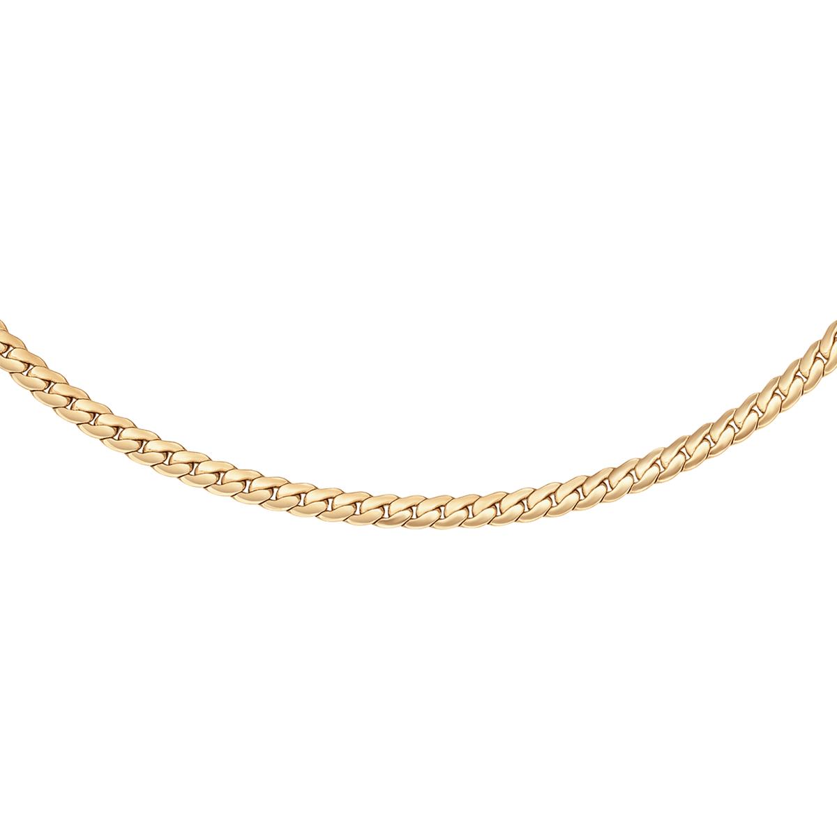 Flat gold chain necklace with a polished finish, featuring smooth, interlocking links in a minimalist design.