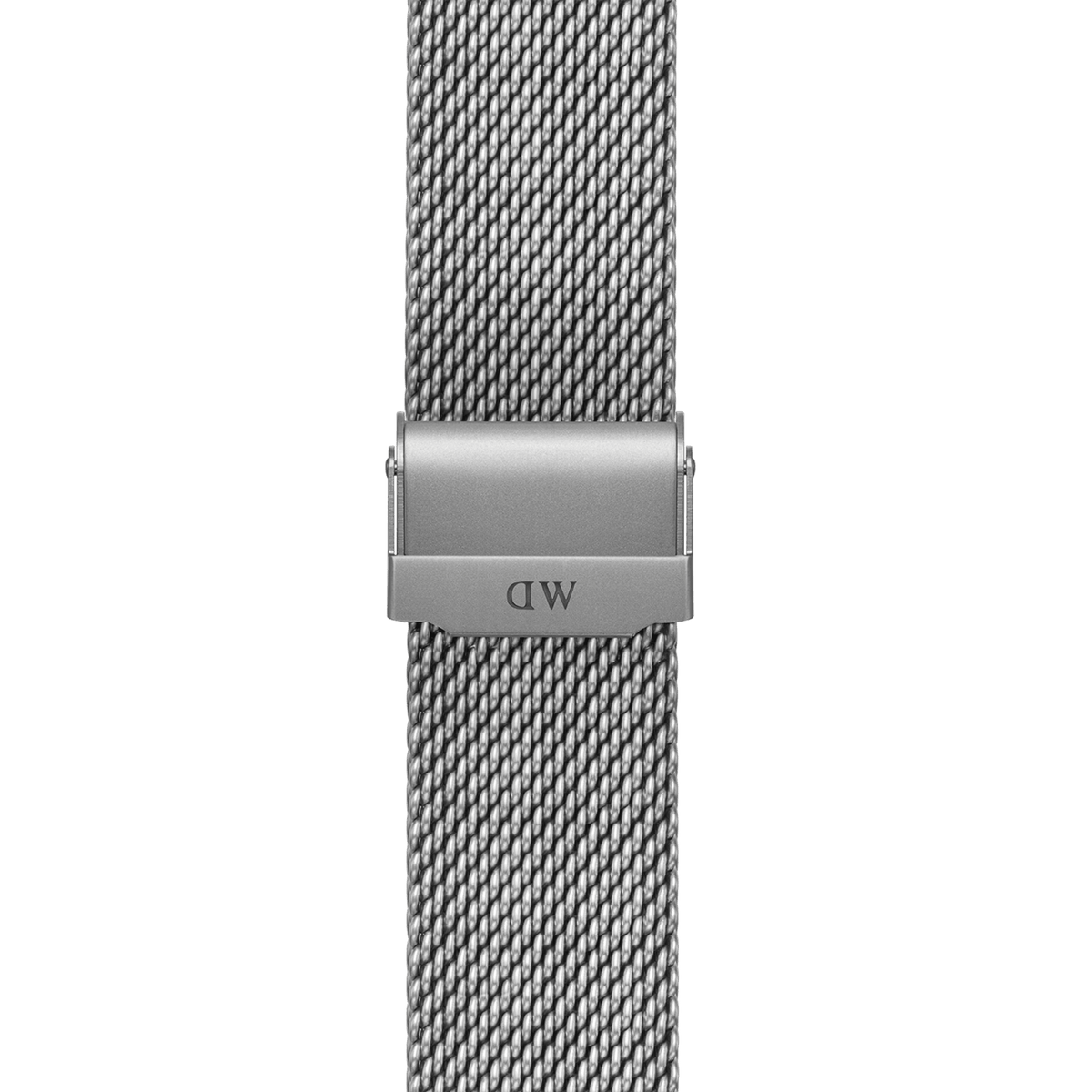 Close-up of the silver sandblasted mesh smartwatch strap showing the engraved DW adjustable clasp and fine stainless steel weave.