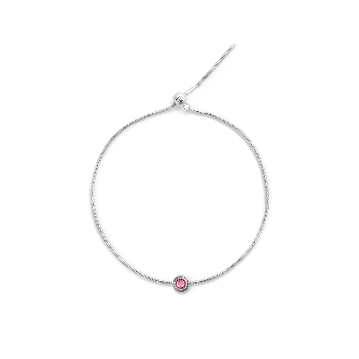Adjustable sterling silver bracelet featuring the October Charm with a central opal pink crystal.