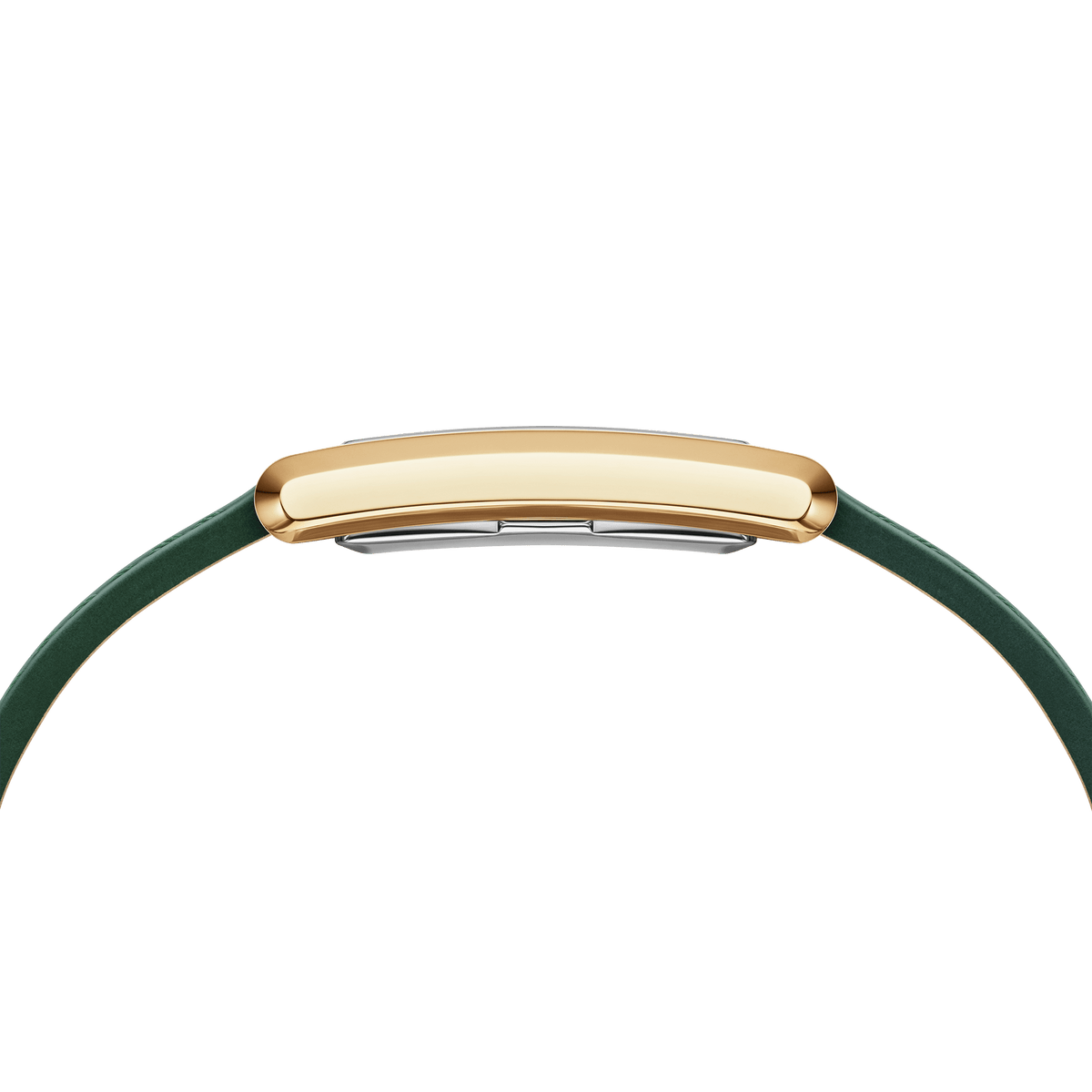 Slim gold rectangular women’s watch with green crocodile-embossed leather strap, shown in side profile for case thickness.