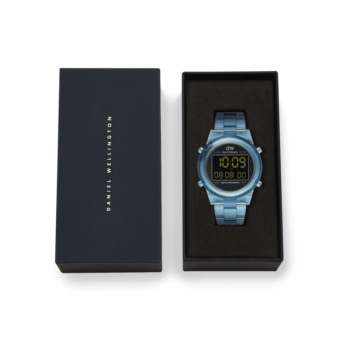 Retro Digital Light Blue watch with a transparent blue strap and black digital display, elegantly presented in a Daniel Wellington gift box.