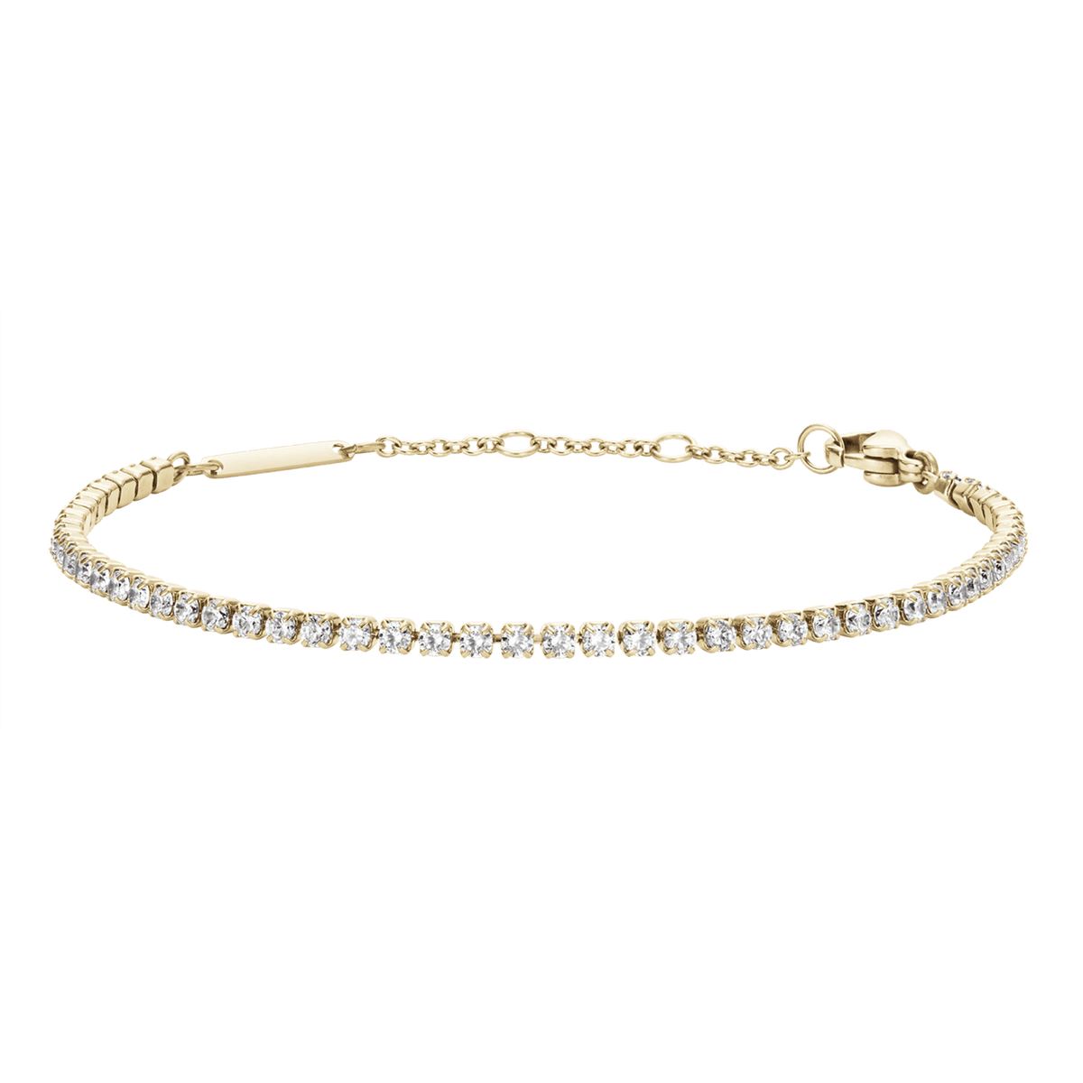 Gold tennis bracelet with cubic zirconia crystals in a claw setting, adjustable chain, elegant and minimalist design.
