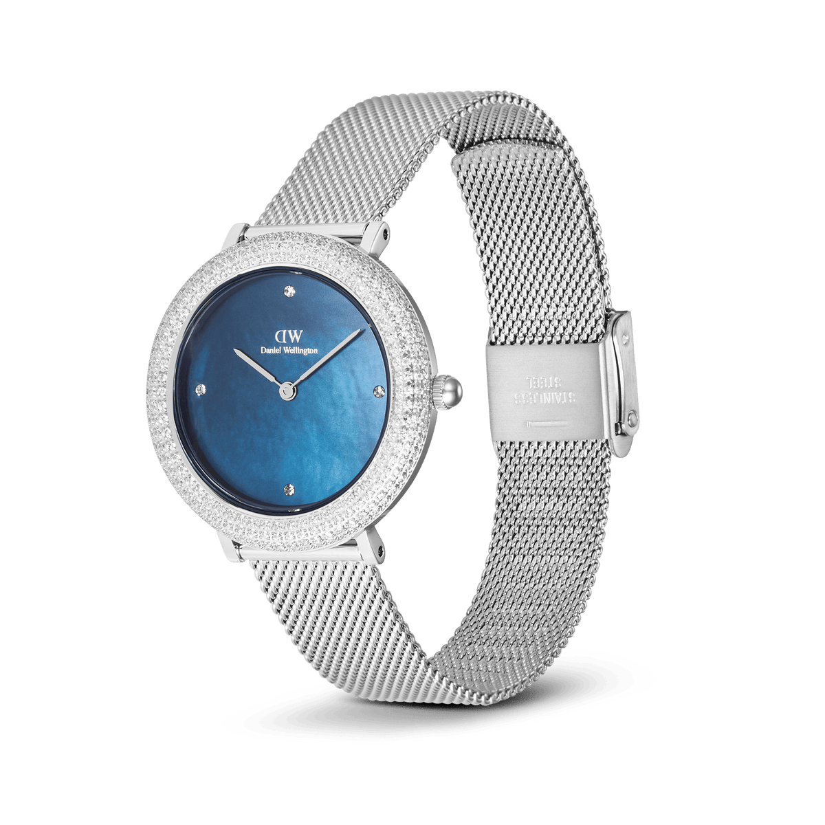Crystalline Bezel Sterling Blue ladies watch with blue mother-of-pearl dial, crystal-set bezel, and silver mesh strap.