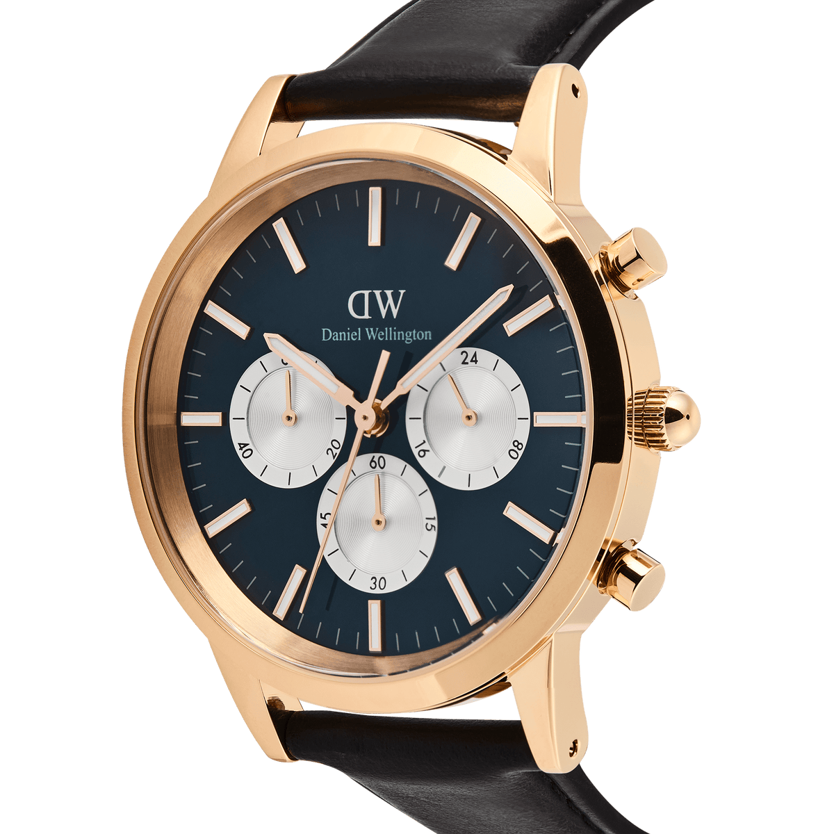 Close-up of the Iconic Chronograph Sheffield Arctic Panda Rose Gold watch by Daniel Wellington, highlighting the deep blue dial with white sub-dials, rose gold stainless steel case, and black leather strap.