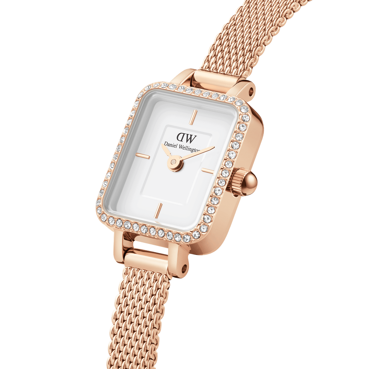 Close-up of the Quadro Mini Lumine Bezel Rose Gold watch featuring a rectangular white dial, sparkling crystal-set bezel, and an elegant rose gold mesh strap.
