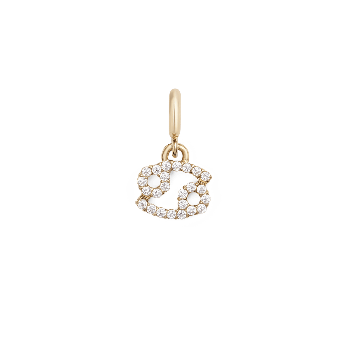 Cancer zodiac watch charm in gold-plated stainless steel, featuring a sparkling Cancer symbol adorned with cubic zirconia crystals and a polished clasp for easy attachment to a watch strap.