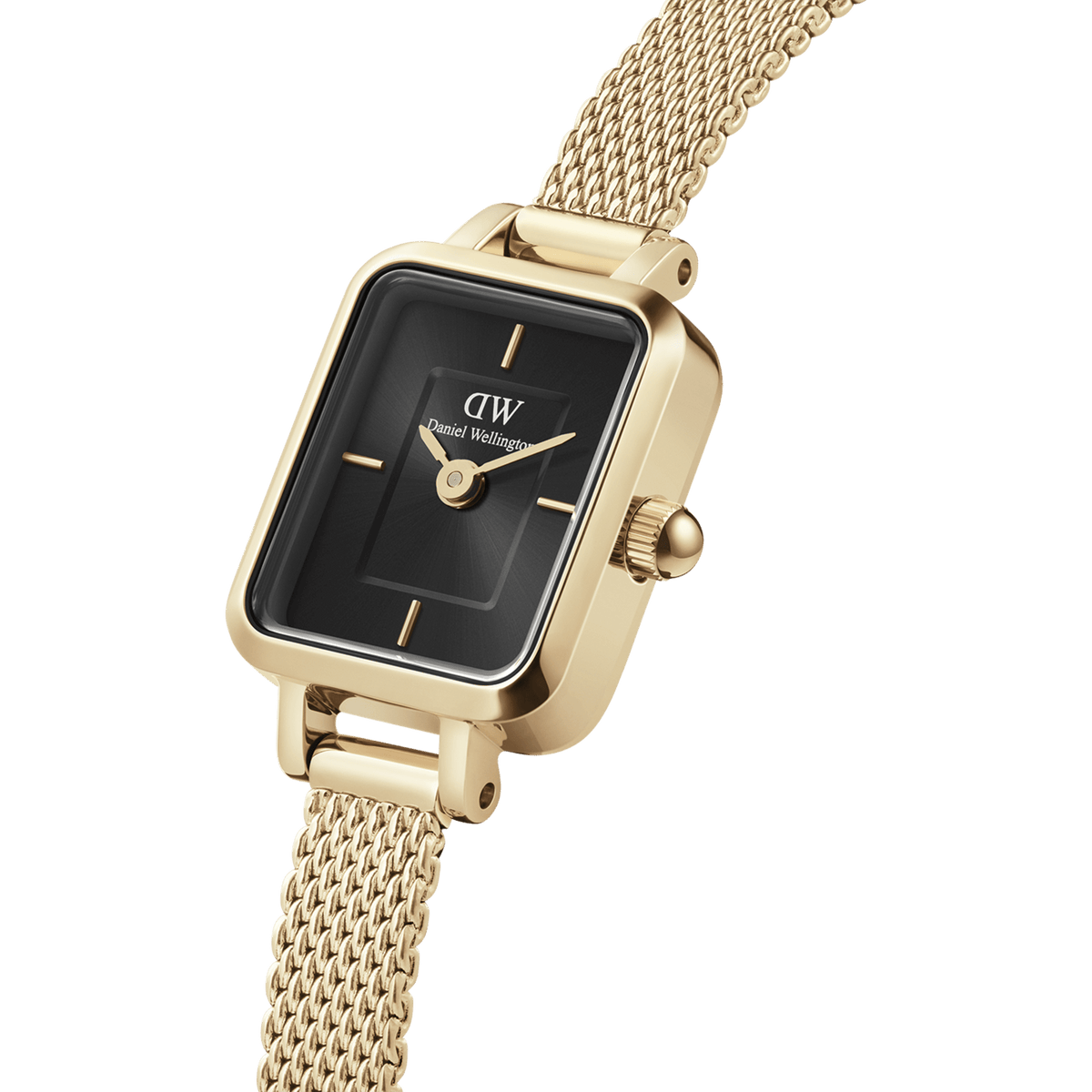 Quadro Mini Evergold Onyx women’s watch with gold mesh strap, rectangular case, and black minimalist sunray dial.