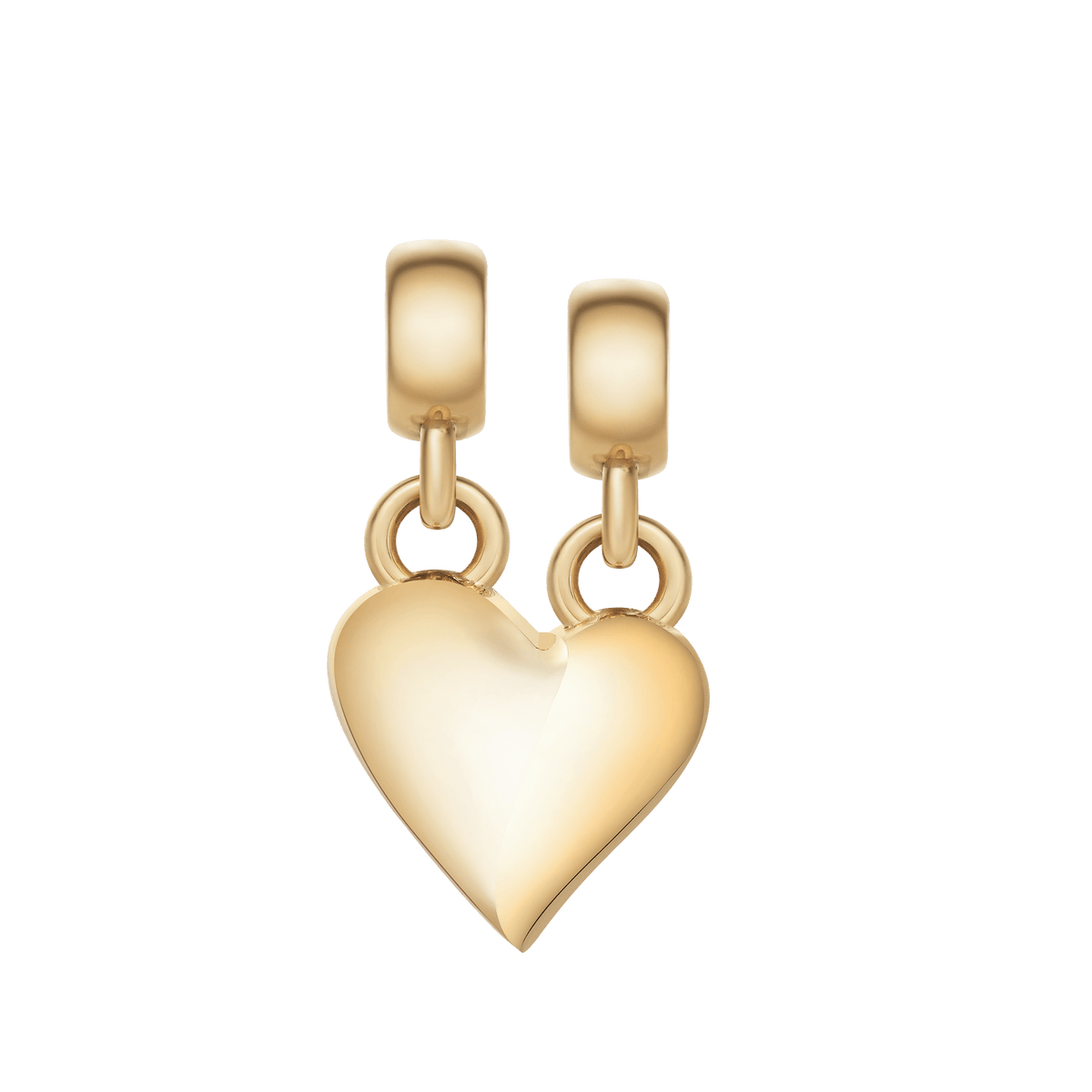 Polished gold split heart charm with an organic wave design, featuring two loops for wearing together or separately as a necklace or bracelet accessory.