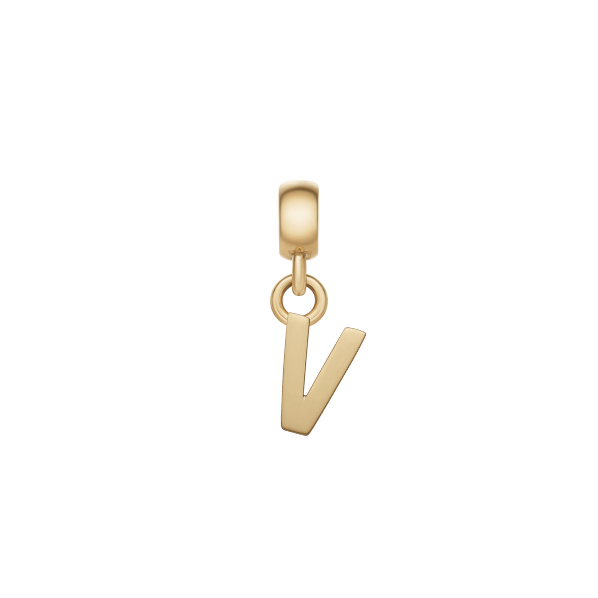 Polished gold letter “V” charm with a minimalist design, crafted from stainless steel and PVD gold plating, featuring an adjustable clasp for easy personalisation of bracelets or necklaces.