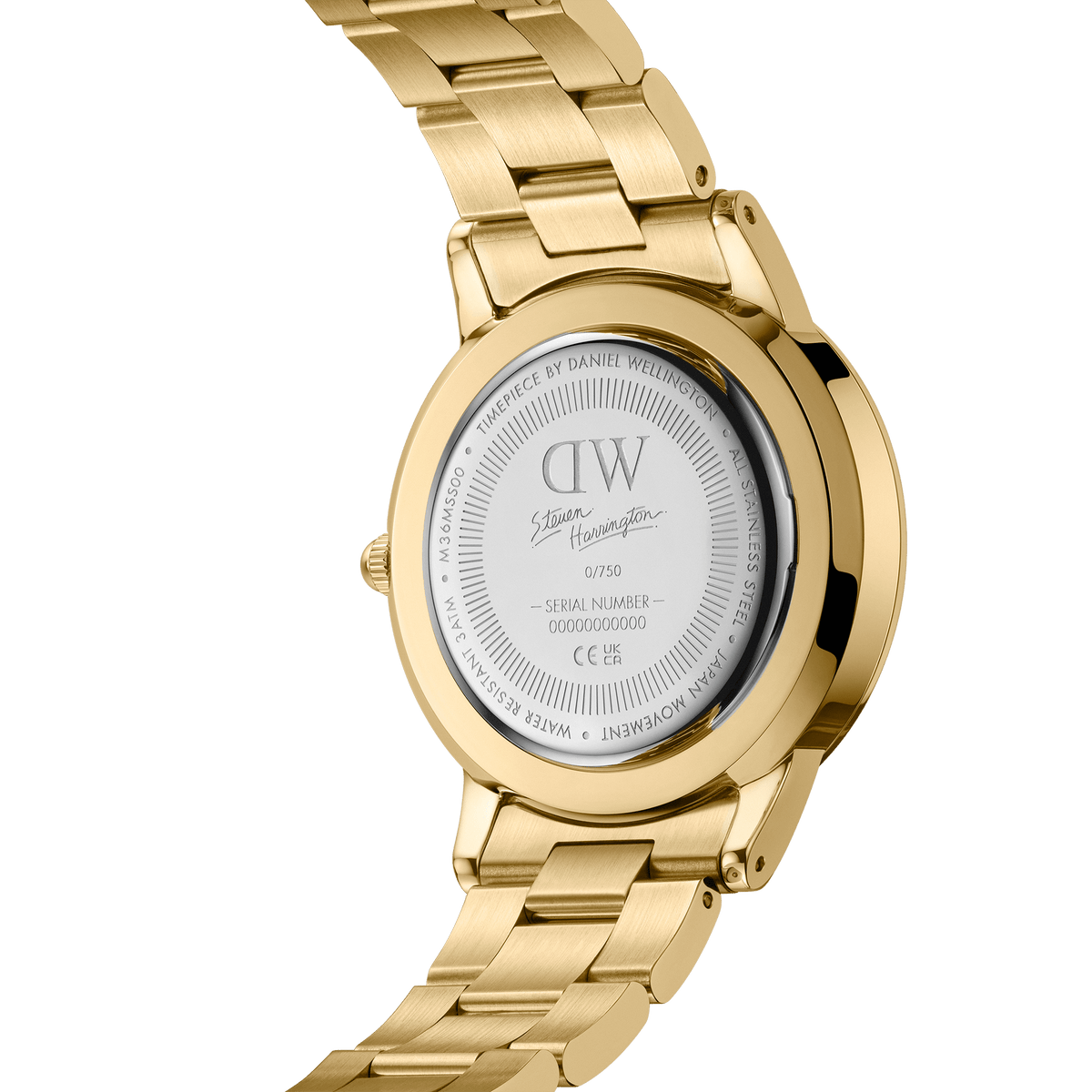 Back view of the Steven Harrington x Daniel Wellington gold watch, showing the engraved caseback with collaboration branding, unique serial number, and polished gold link strap. This limited edition design highlights its exclusivity and premium craftsmanship.