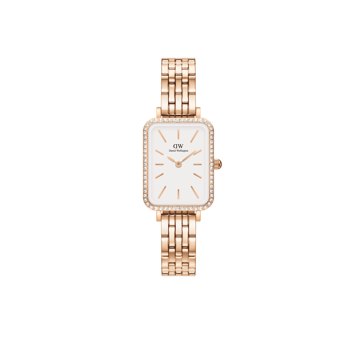 Rose gold women’s watch with a rectangular white dial, minimalist hour markers, and a bezel set with sparkling stones, finished with a polished 5-link bracelet.