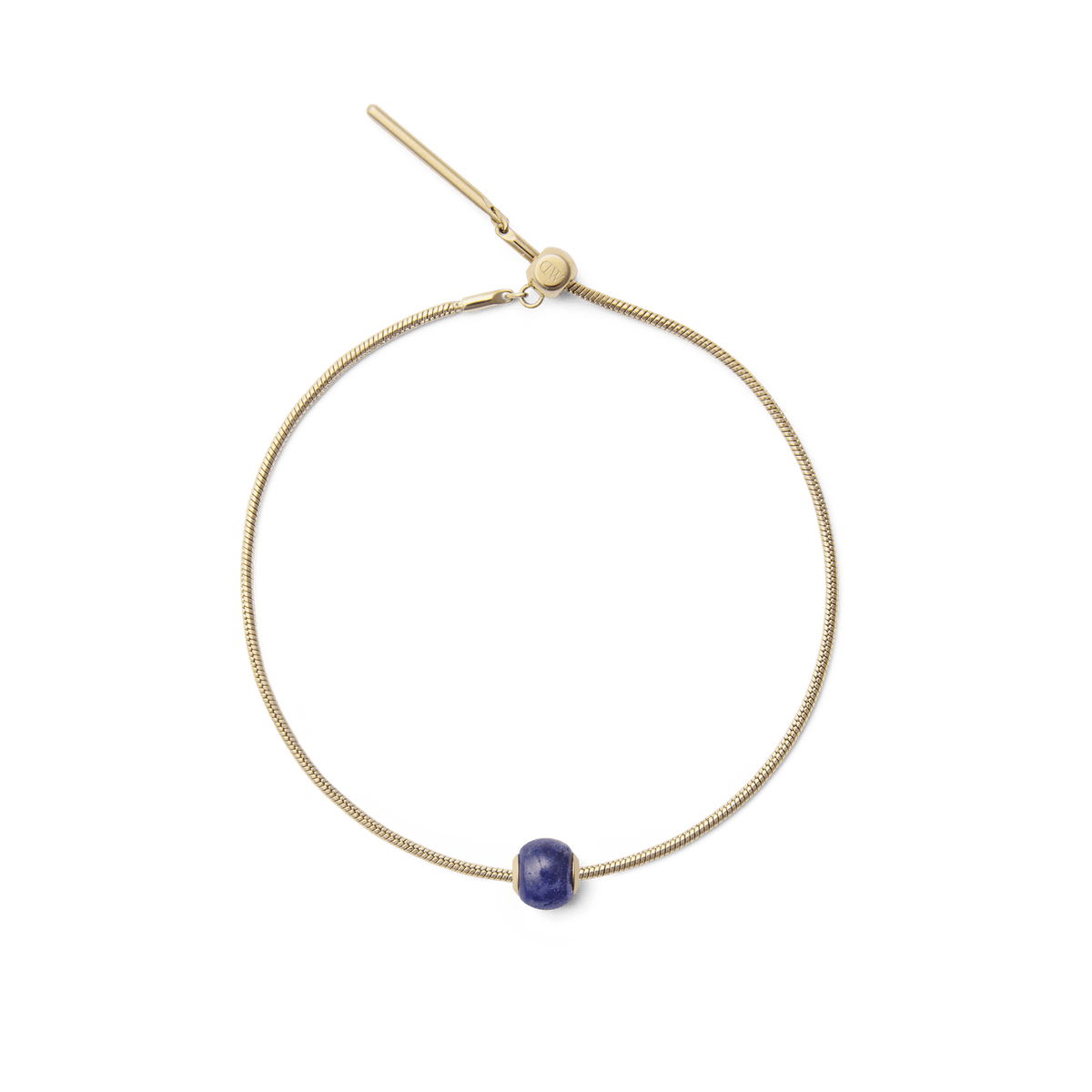 Gold snake chain bracelet featuring the Blue Spot Orb Gold Charm, with a rounded semi-precious blue stone and gold-tone stainless steel accents.