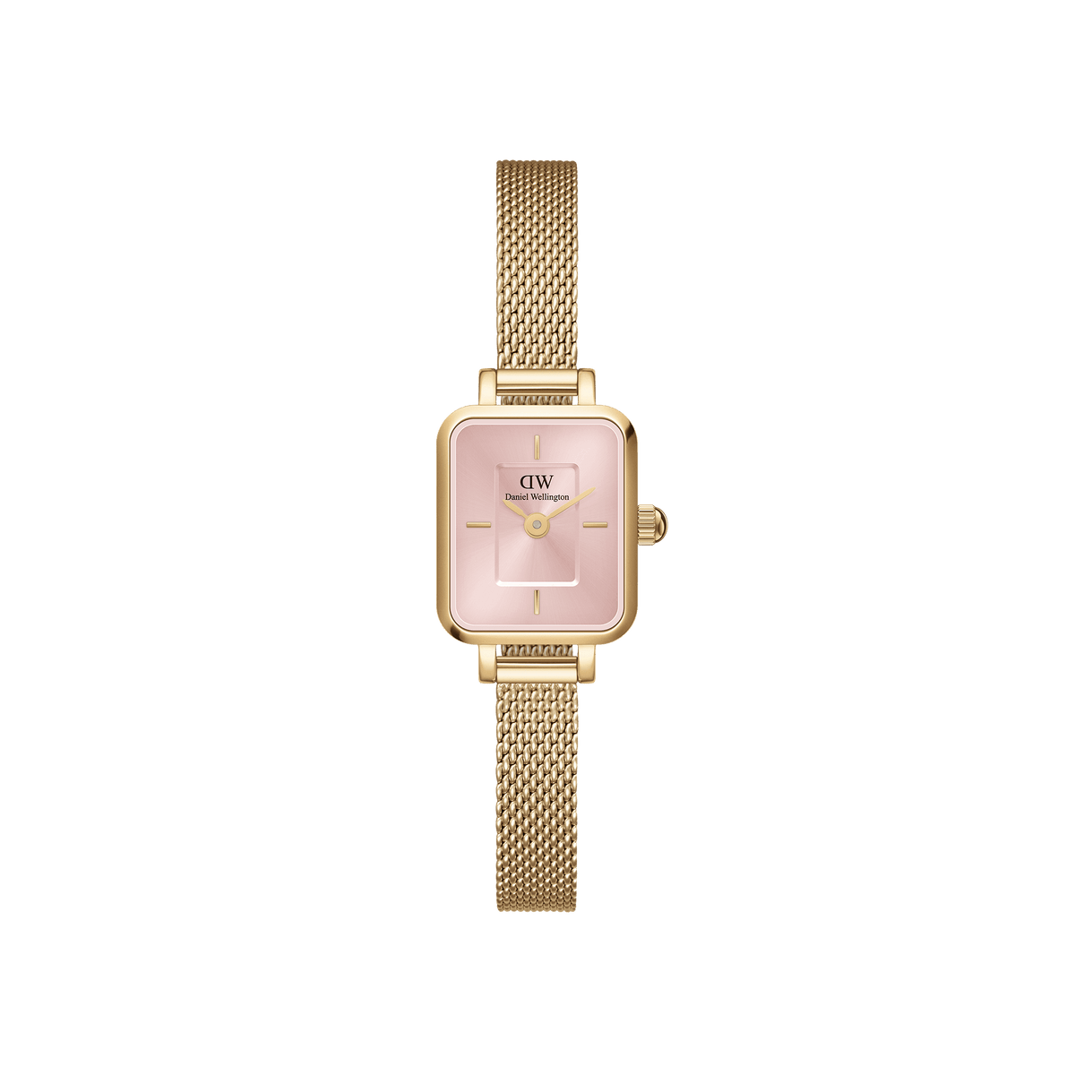Rectangular gold women’s watch with a blush pink sunray dial, minimalist index markers, and a refined gold mesh strap, designed for a petite fit and elegant everyday style.