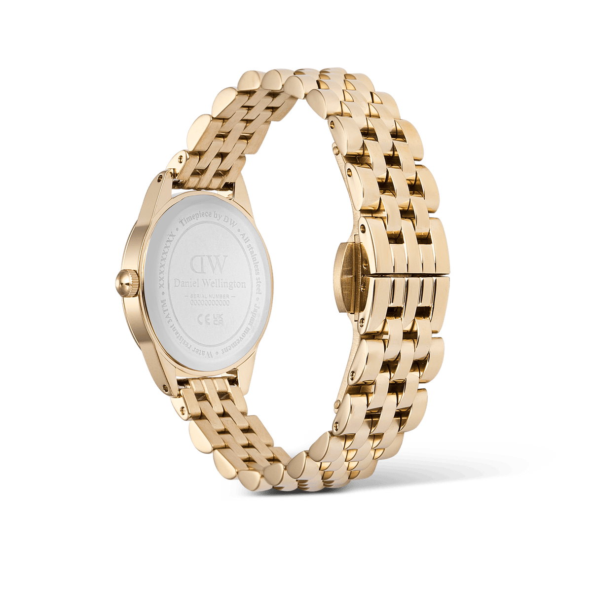 Ophelia Mini Gold watch rear view showing engraved caseback, gold five-link bracelet, and butterfly clasp for women.
