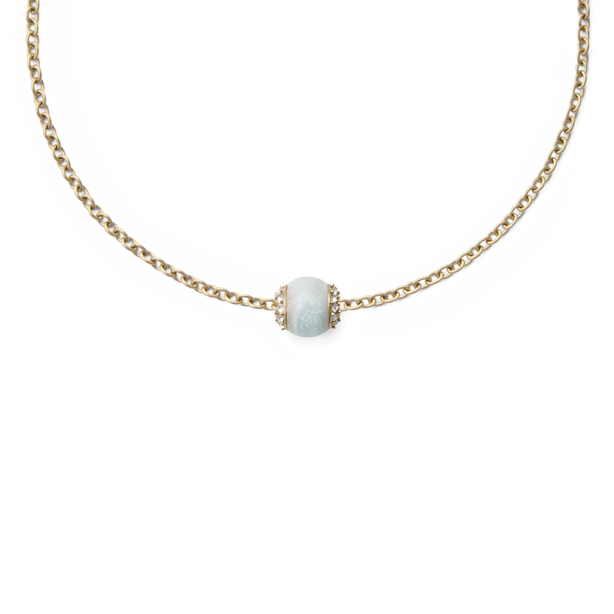 Gold chain necklace featuring the Amazonite Crystal Orb Gold Charm, showcasing a smooth blue-green amazonite stone with sparkling crystal accents for a refined and elegant finish.