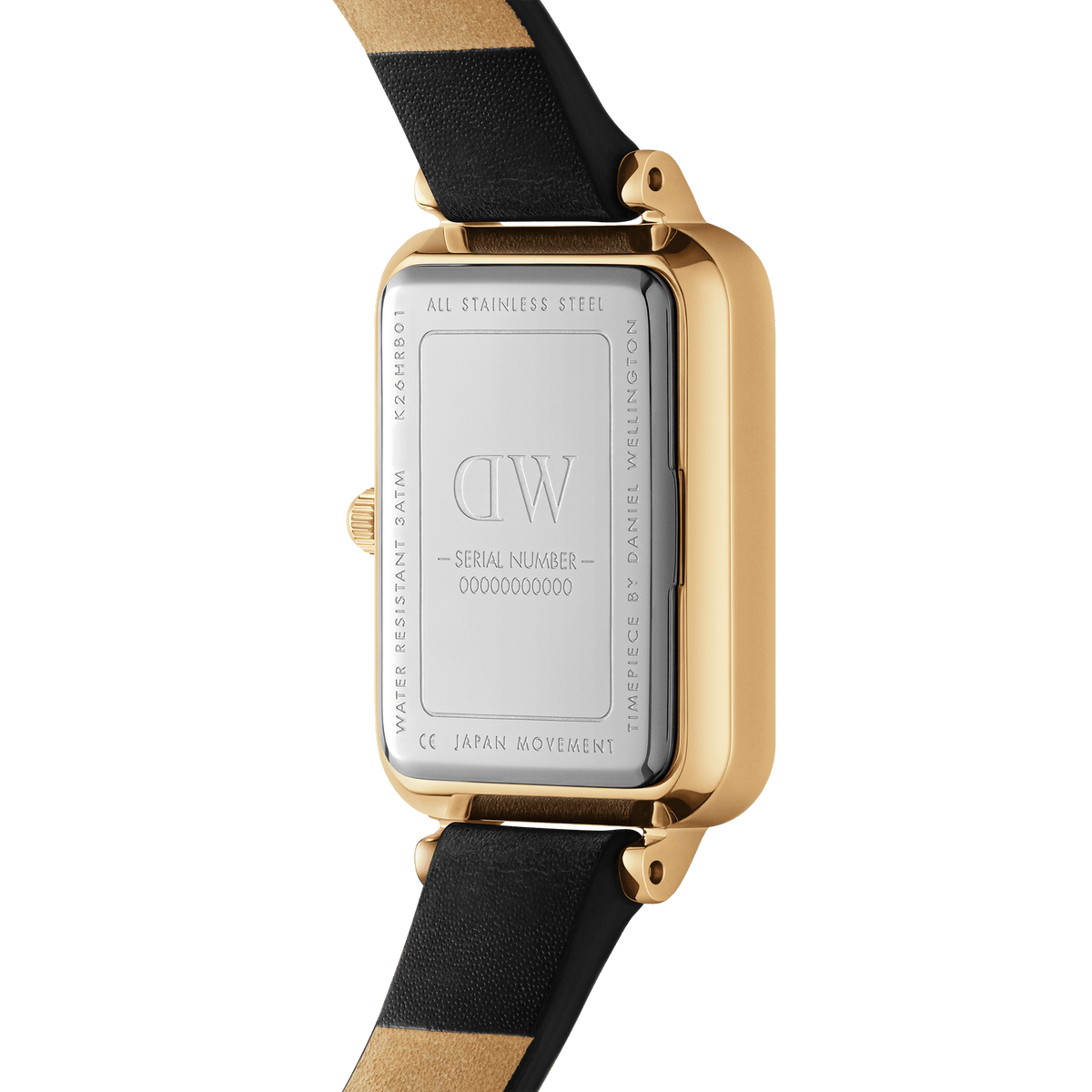Back view of the Quadro Roman Numerals Sheffield Gold watch showing the engraved stainless steel case, gold finish, and black leather strap.