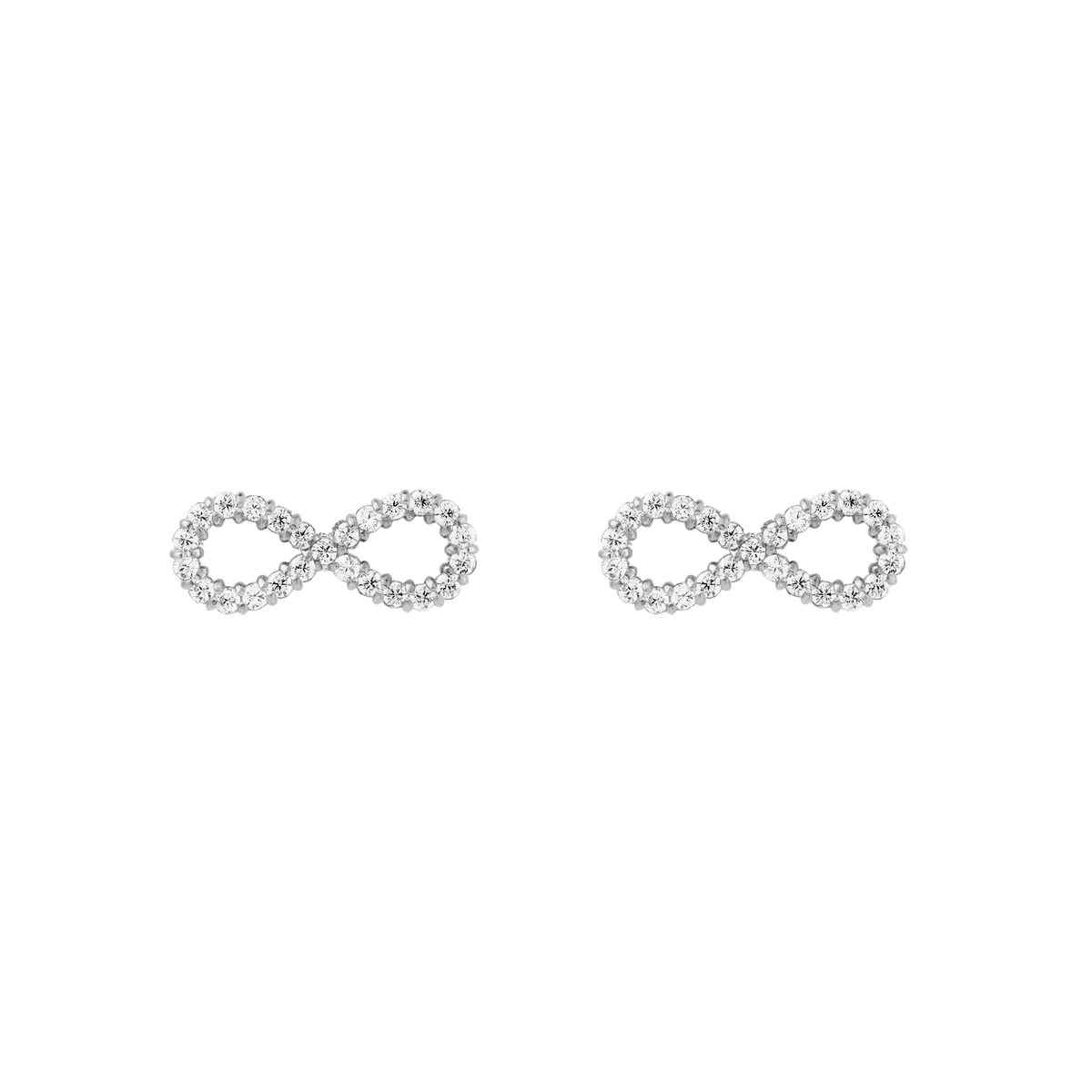 Pair of Mirelle Infinity Earring Silver studs, each shaped as a delicate infinity symbol and set with sparkling white cubic zirconia crystals on polished silver stainless steel.