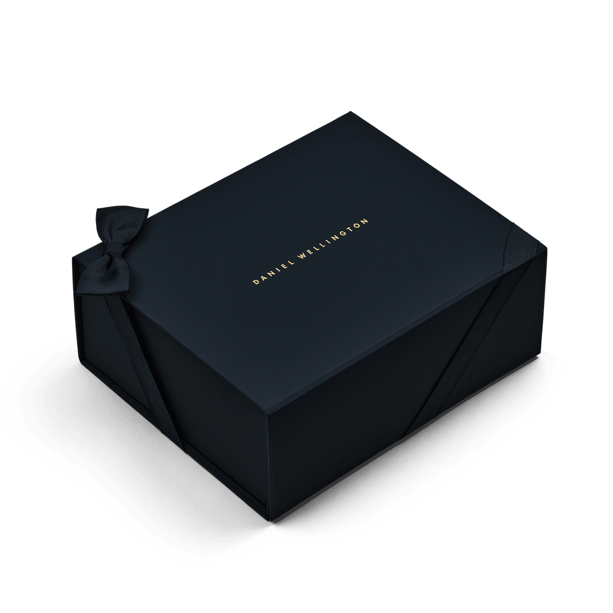 Premium navy blue gift box with a subtle ribbon bow and gold Daniel Wellington branding, featuring a sleek, sturdy design ideal for presenting jewellery, watches, or keepsakes.
