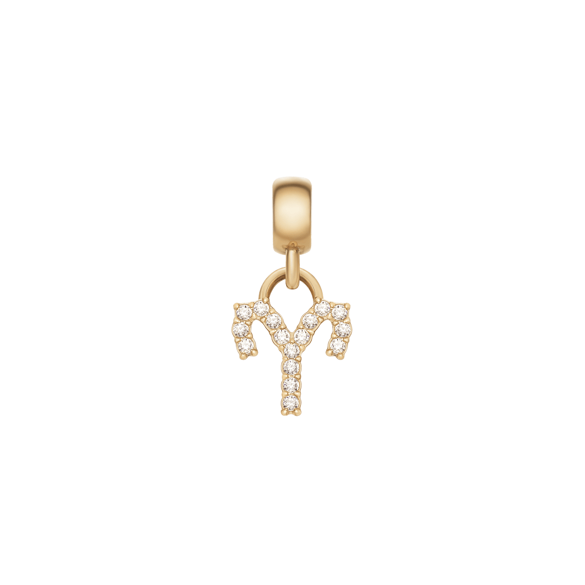 Aries zodiac charm in gold, set with sparkling cubic zirconia crystals and a smooth gold clasp, ideal for personalising bracelets or necklaces.