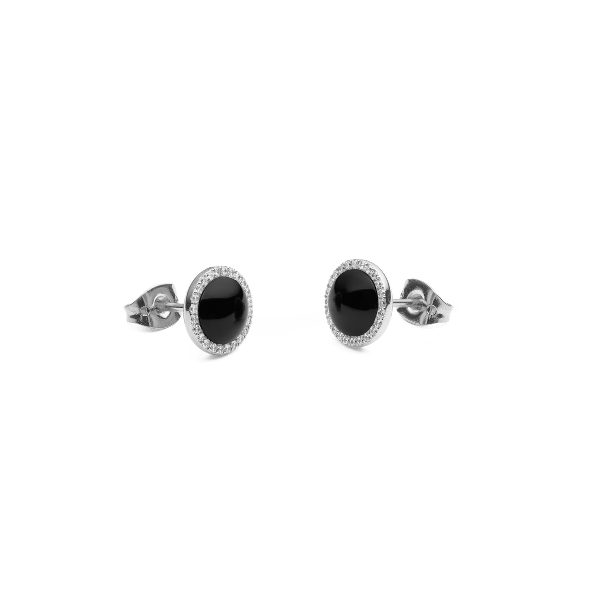 Audrey black agate and silver stud earrings with white cubic zirconia halo and polished stainless steel setting.
