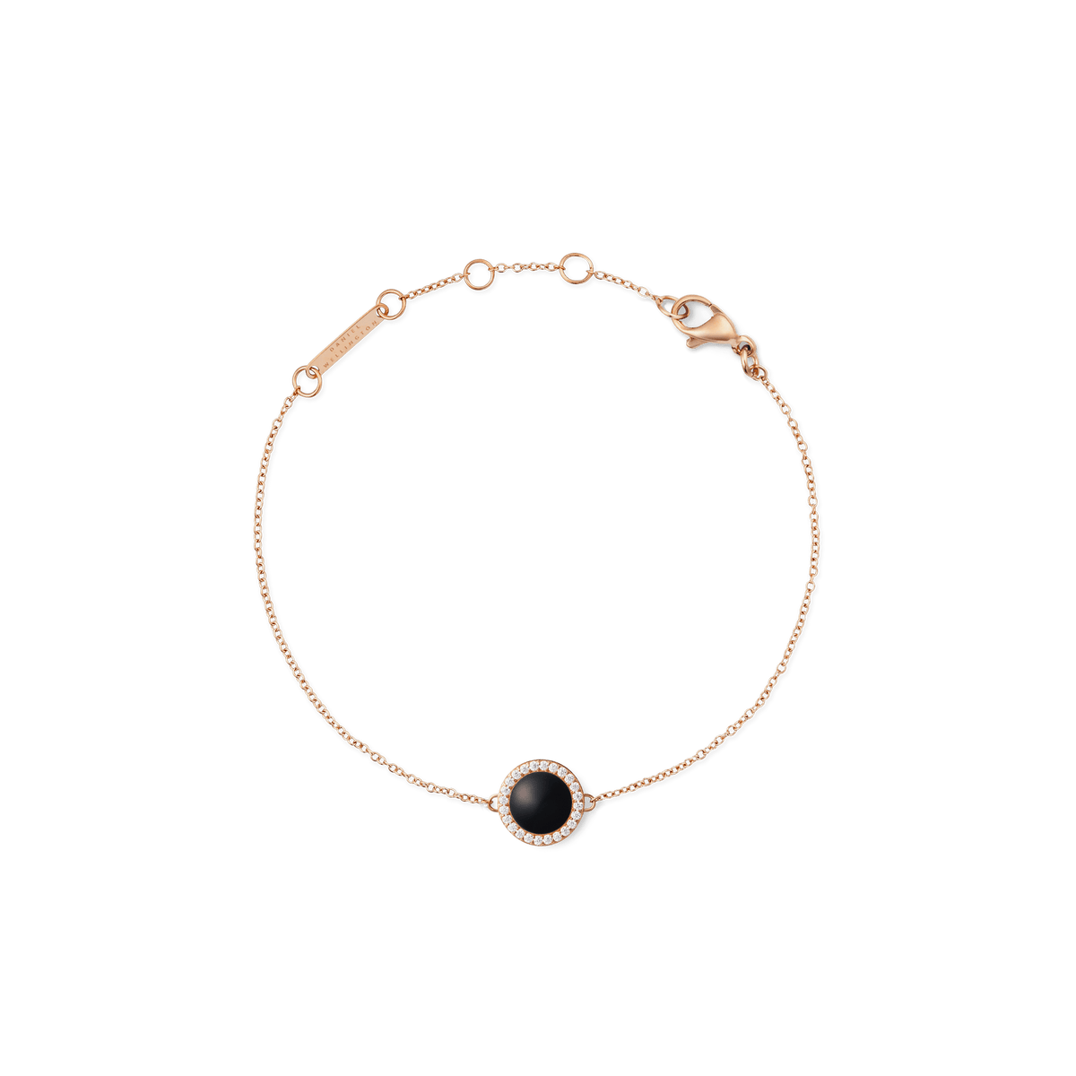 Rose gold bracelet with a black agate centrepiece, surrounded by white crystals on a delicate adjustable chain.