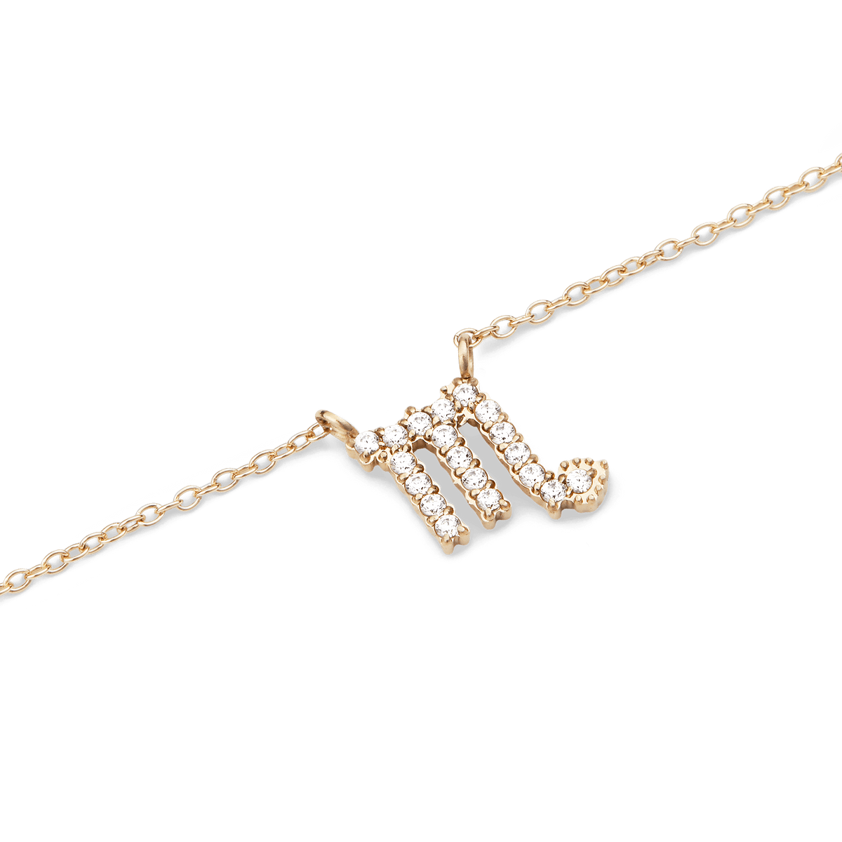 Gold chain necklace with a Scorpio zodiac pendant, embellished with sparkling hand-set crystals.