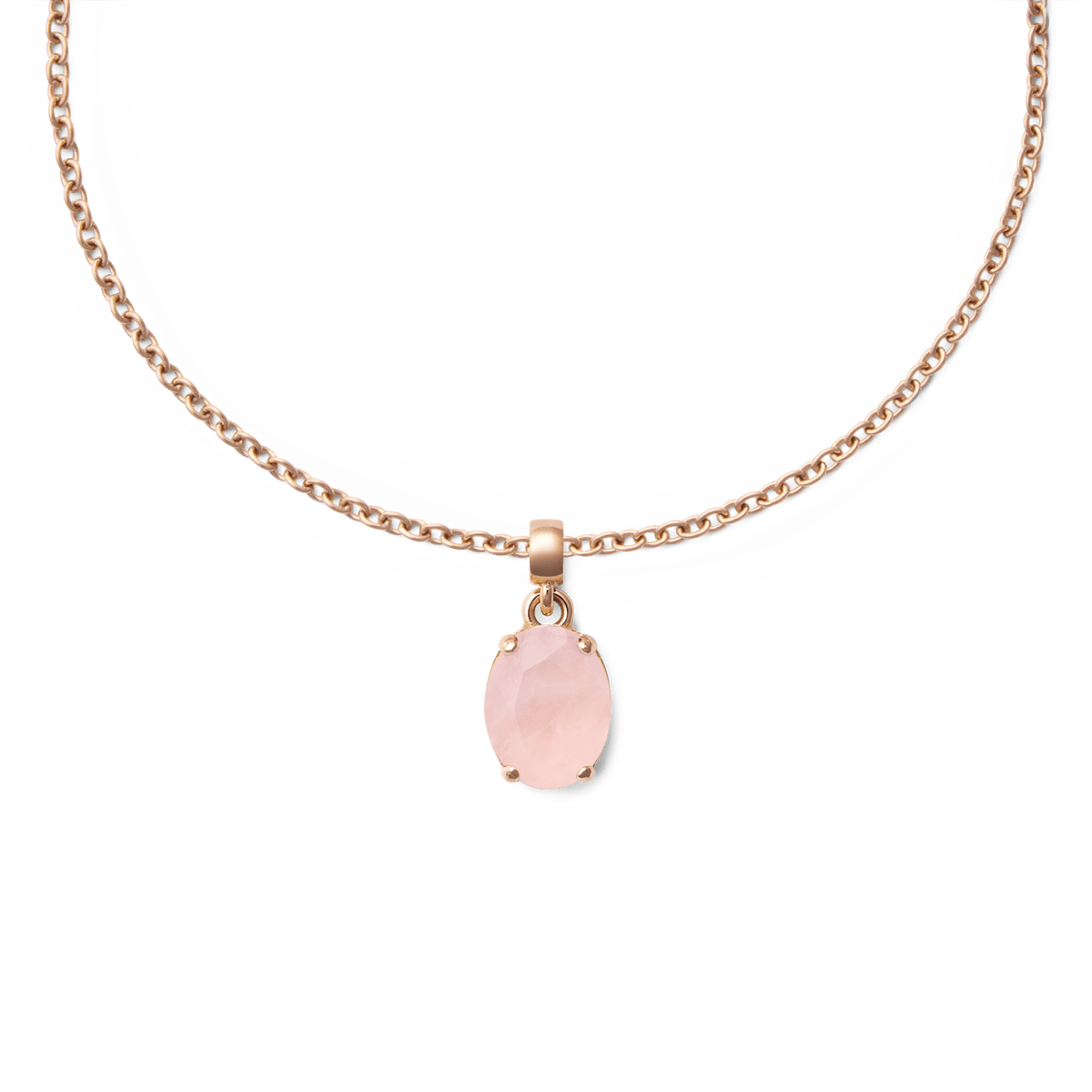 Rose gold necklace with an oval rose quartz charm, delicate chain and blush pink gemstone pendant for elegant styling.