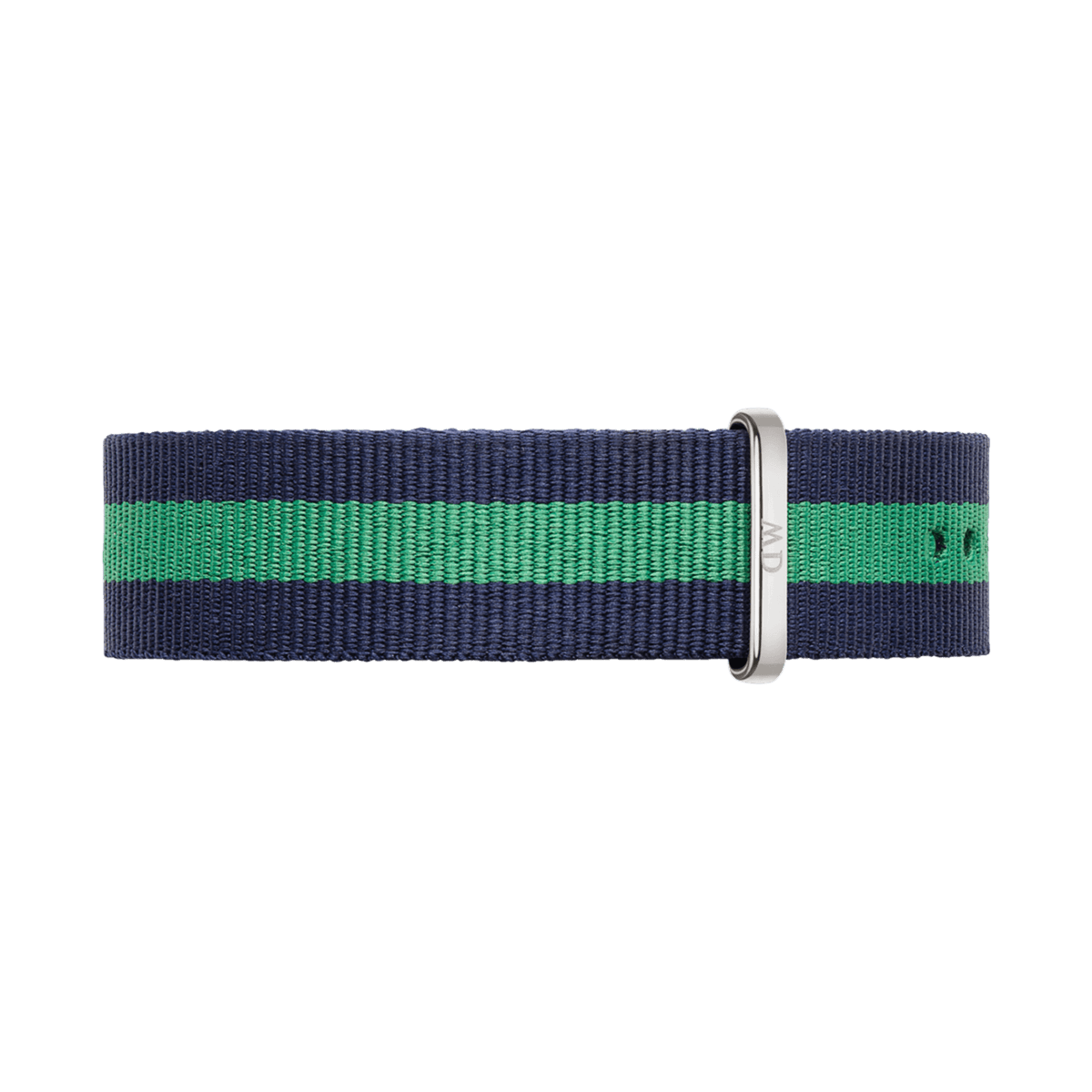 Warwick Strap Silver NATO watch strap in blue and green stripes, crafted from durable polyester with a polished silver buckle, shown flat to highlight its 20mm width and refined detailing.