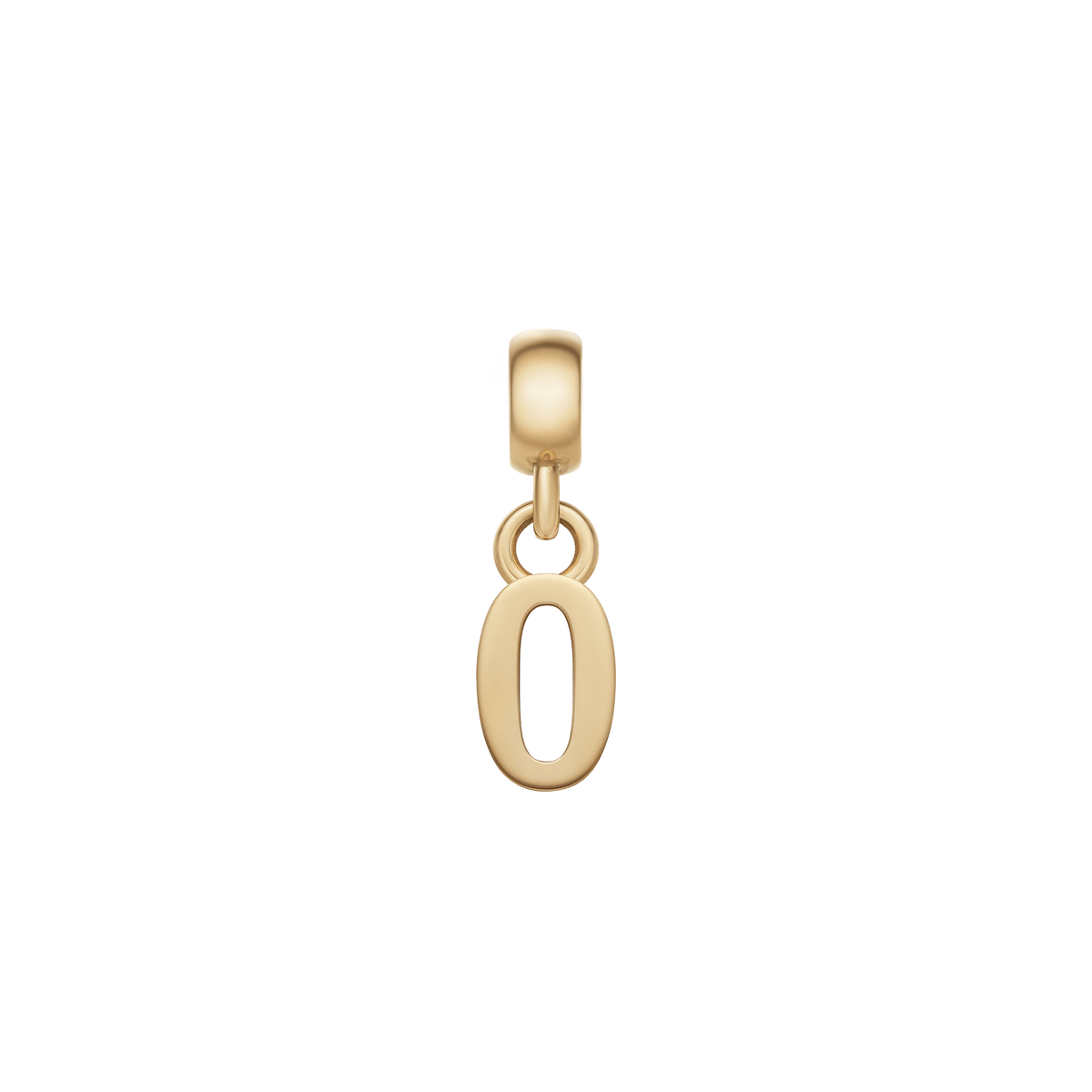 Gold number 0 charm with a smooth, polished finish and classic shape, crafted from stainless steel with PVD gold plating for customising bracelets or necklaces.