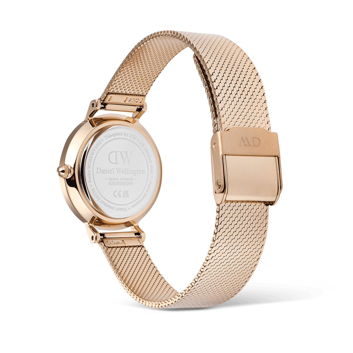 Back view of the Petite Reflection Rose Gold women’s watch, showing the engraved caseback and adjustable rose gold mesh strap with a secure clasp.