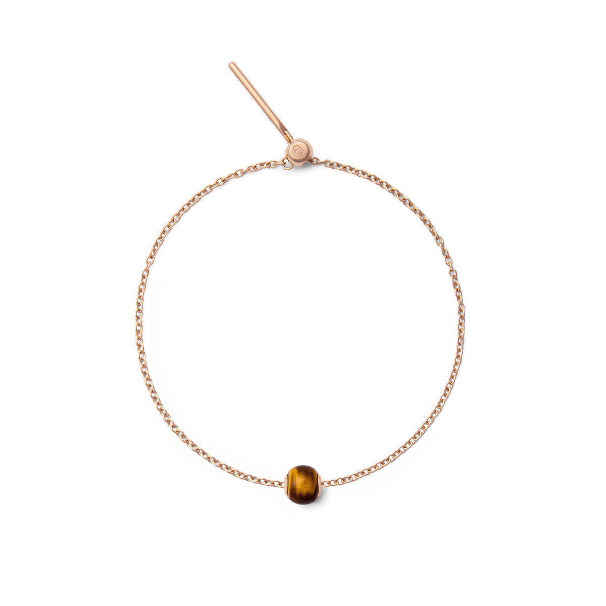 Delicate rose gold bracelet featuring a polished tiger eye orb charm with natural golden-brown tones, secured with an adjustable clasp.