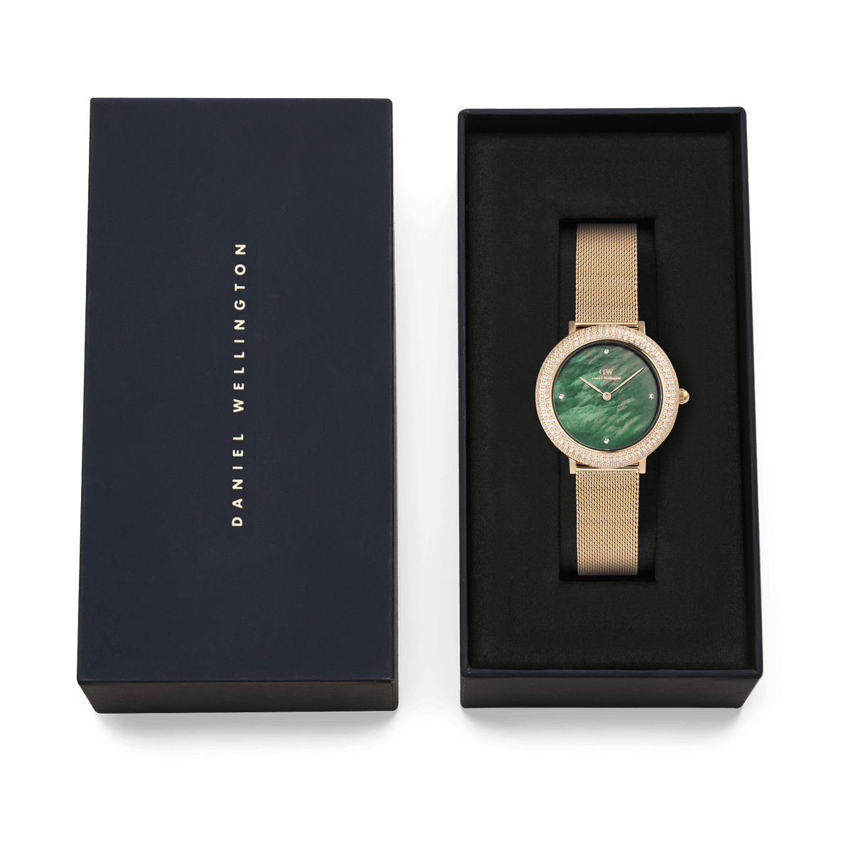 Crystalline Bezel Evergold Green gold mesh watch with green mother-of-pearl dial, presented in a Daniel Wellington gift box.