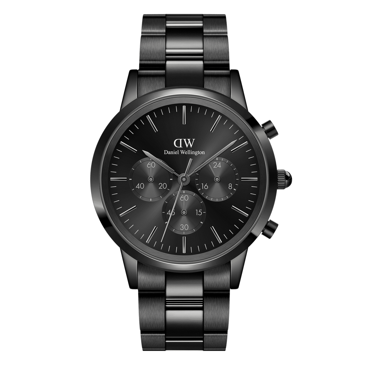 Black Daniel Wellington chronograph men’s watch with sunray dial, three sub-dials, and stainless steel link strap.