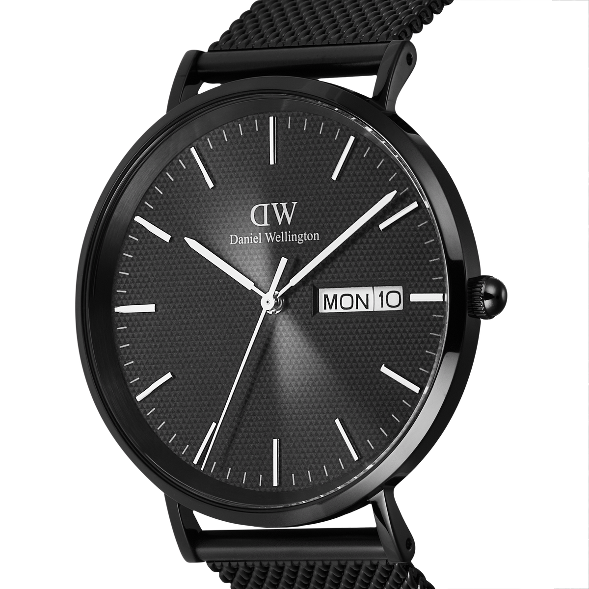 Close-up of the Daniel Wellington Classic Day Display Onyx watch, featuring a textured black dial with day and date display, slim silver hour markers, and a polished black stainless steel case.
