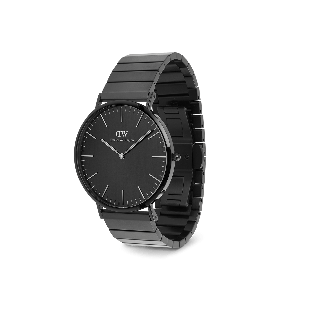 Classic Piano Link Onyx Unitone men’s watch with a brushed black dial, minimalist markers, and a geometric stainless steel piano link strap in a sleek angled view.