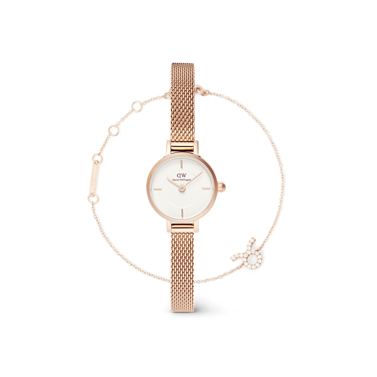 Petite rose gold watch with a slim mesh strap and minimalist white dial, paired with a delicate rose gold chain bracelet featuring a sparkling zodiac charm.