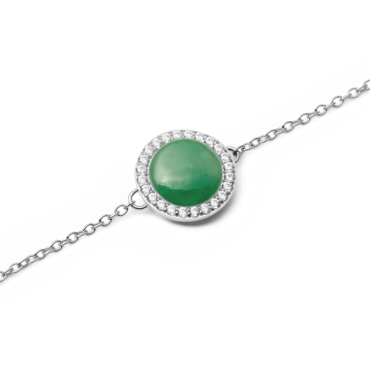 Close-up of Audrey Bracelet Jade Silver featuring a domed green jade charm with a halo of sparkling cubic zirconia crystals.