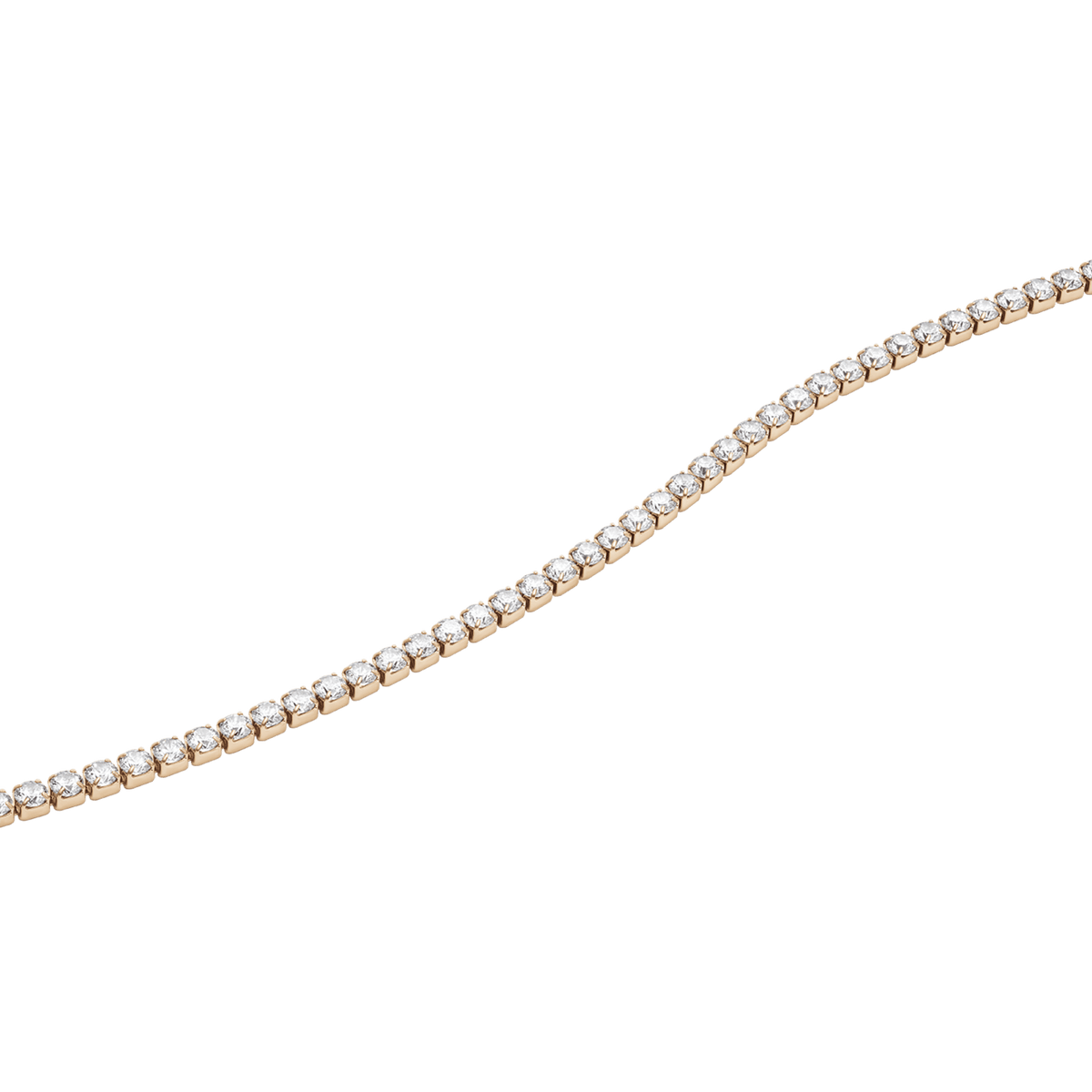 Close-up of the Classic Tennis Necklace Rose Gold, highlighting the individually set sparkling crystals in a polished rose gold stainless steel setting. The refined design showcases the timeless elegance and meticulous craftsmanship of this tennis necklace.