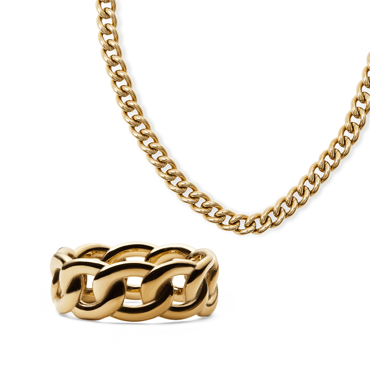 Chunky gold chain necklace and matching ring set featuring bold, interlocking links with a polished finish, designed for a modern and sophisticated look.