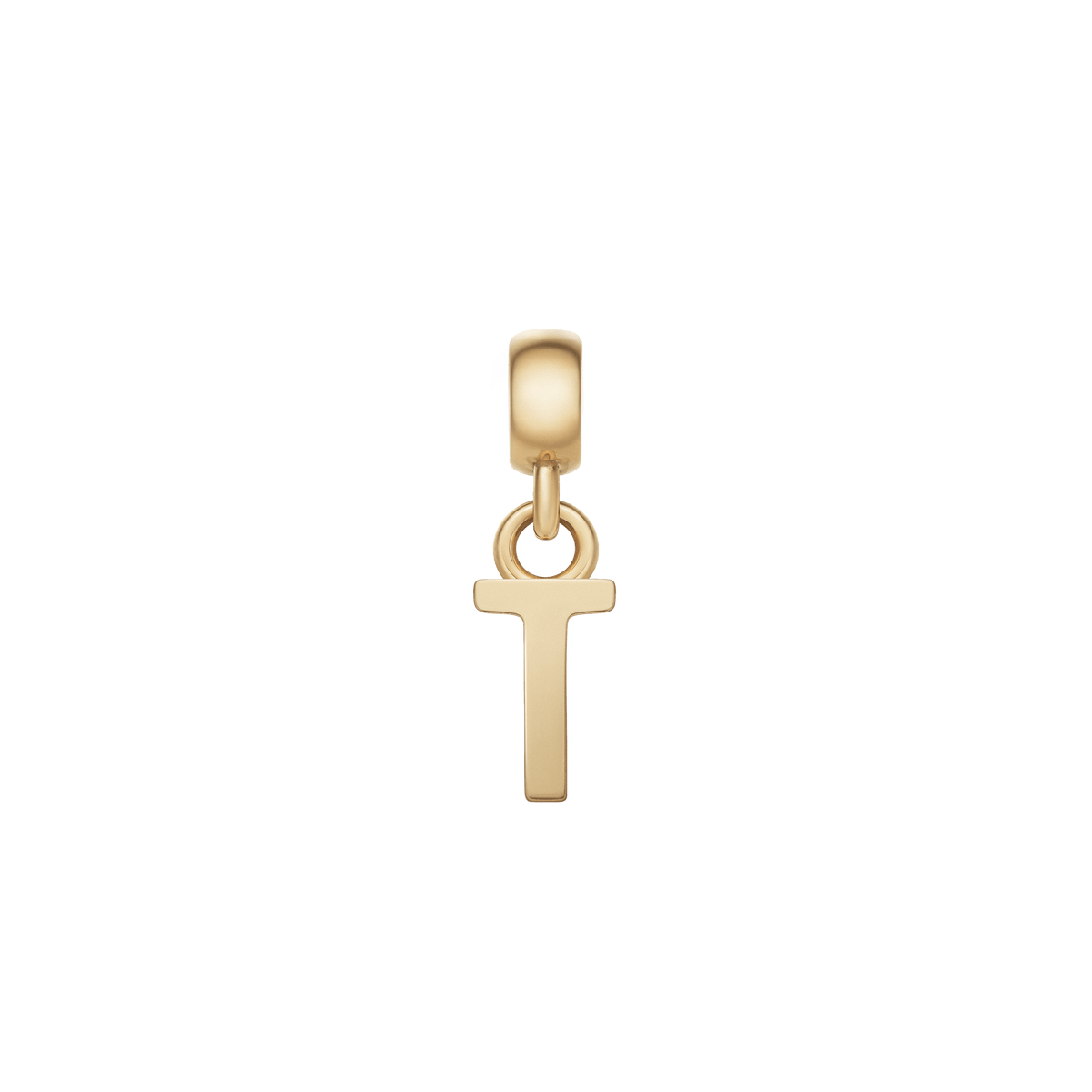 Gold letter T charm with a minimalist, polished finish and an adjustable clasp, ideal for personalising bracelets or necklaces with a refined touch.