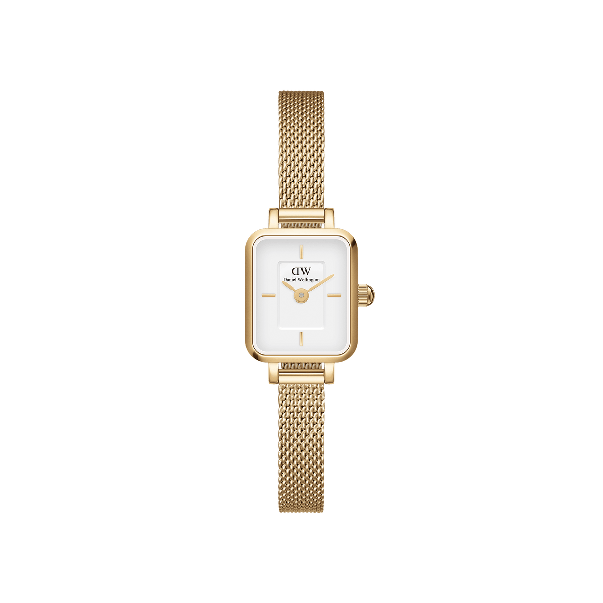Quadro Mini Evergold petite rectangular gold mesh watch with white dial and minimalist gold hour markers for small wrists.