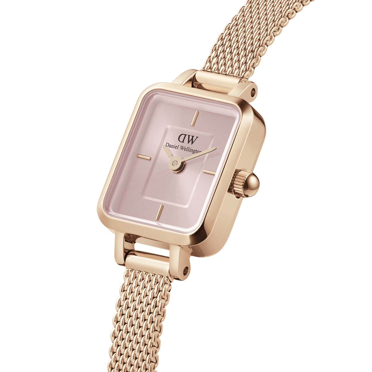 Quadro Mini Melrose Blush women’s watch with a rectangular rose gold case, blush pink sunray dial, minimalist hour markers, and a slim rose gold mesh strap.