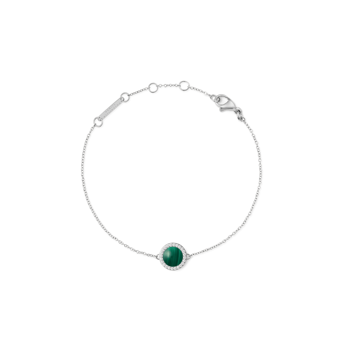 Slim silver bracelet with a domed green malachite centrepiece, surrounded by cubic zirconia, adjustable chain and lobster clasp.