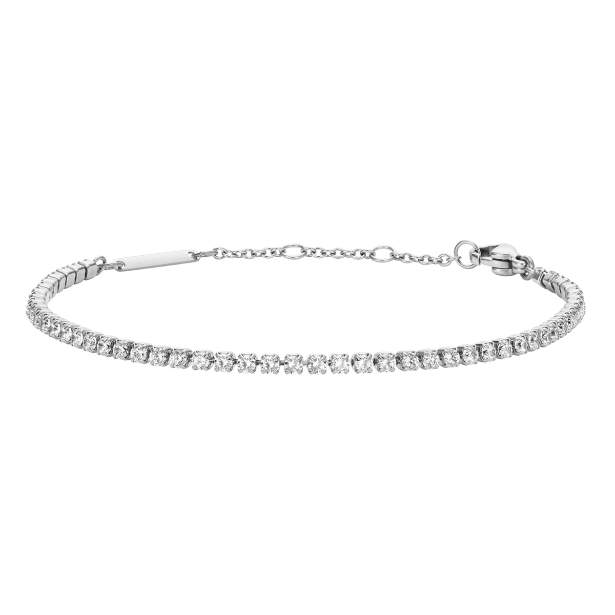 Slim silver tennis bracelet crafted from 316L stainless steel, featuring a row of 50 sparkling cubic zirconia crystals in claw settings and an adjustable chain for a comfortable, elegant fit.