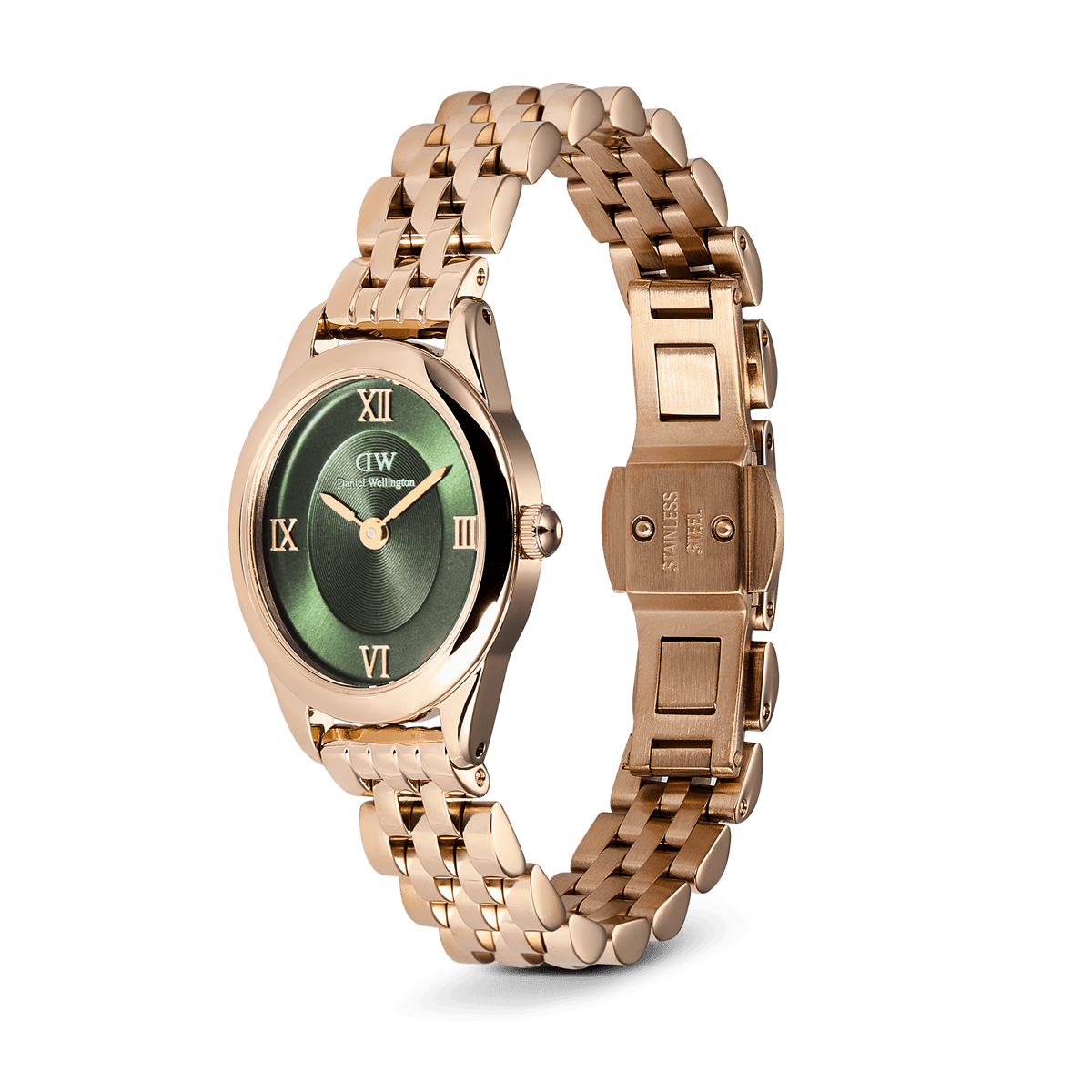Ophelia Mini Emerald Rose Gold watch featuring a polished rose gold oval case, emerald green sunray dial with Roman numerals, and an open beans link bracelet with butterfly clasp.